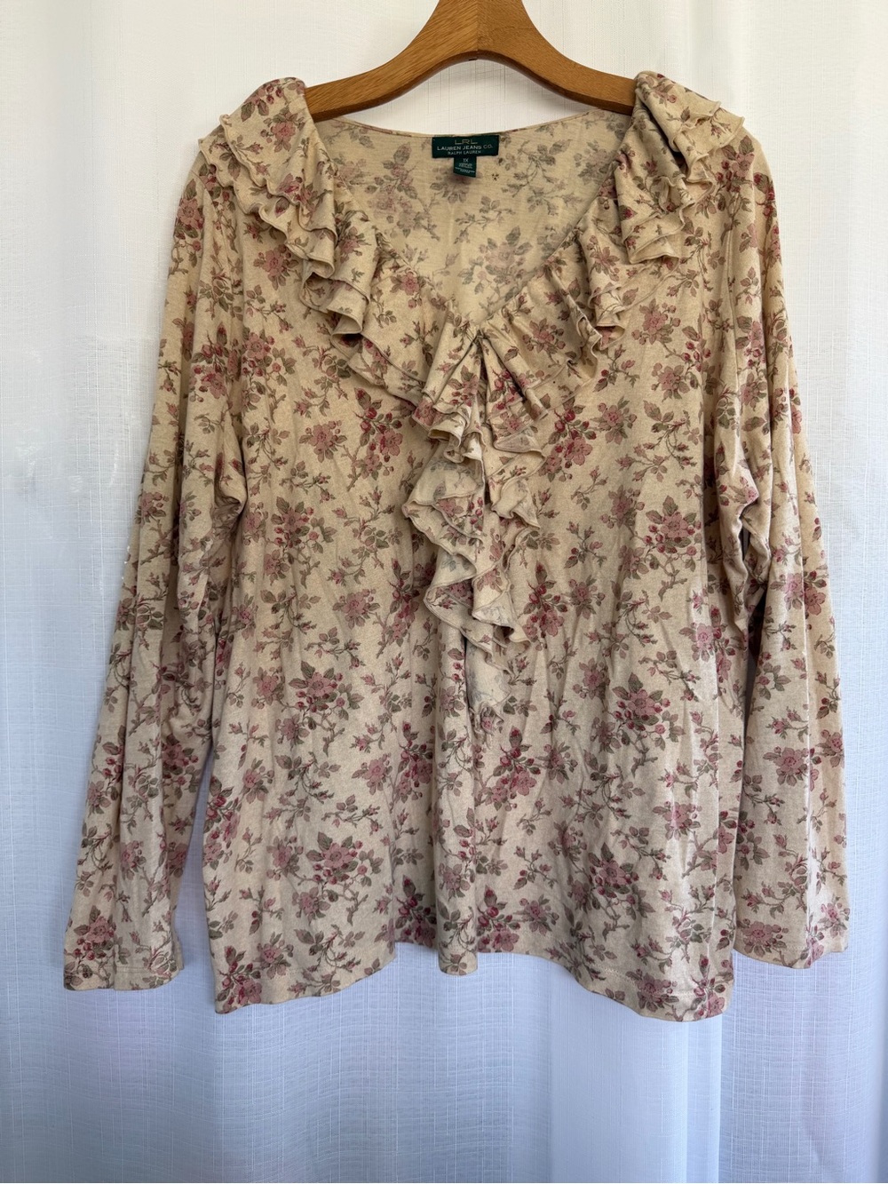 Lauren Ralph Lauren 1X Floral Ruffle Long Sleeve Top Cottagecore Romantic Y2K